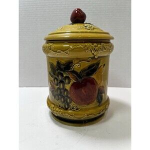 Lefton Ceramic Green Embossed 8" Canister Lid Fruit Apple Pear Vintage 4131